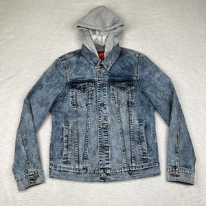 Guess Jacket Mens Medium Blue Denim Hooded Long Sleeve Button Up Detachable Hood